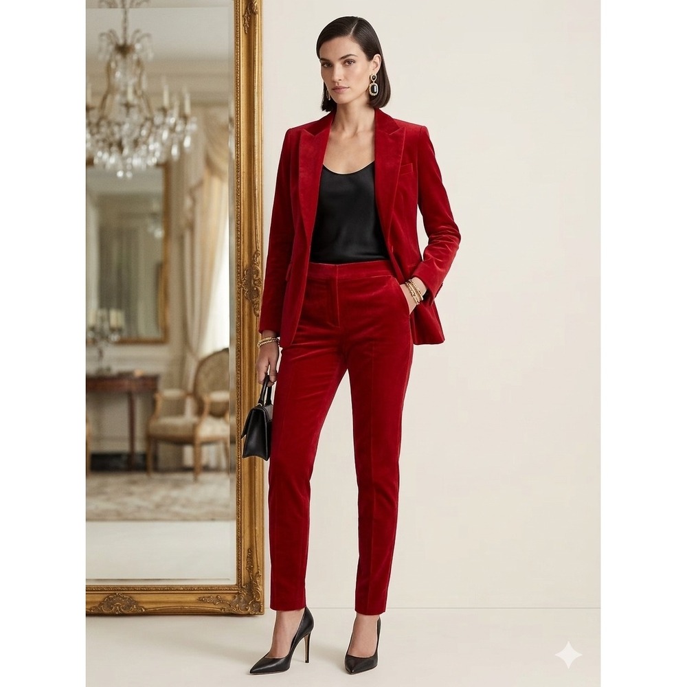 Akris Punto Velvet Trousers Women 6 Red Slim Leg Holiday Luxury Festive Designer
